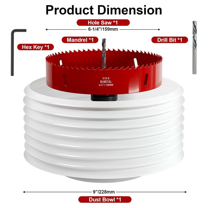 FIVELAKE 6.25" (159mm) Bi-Metal M42 High Speed Steel Hole Saw with Dust Bowl and Pilot Drill Bit, Smooth Cutting Edge for PVC, Drywall, Wood, Plastic, Gypsum Board, Rubber, Thin Metal - Image 2